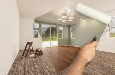 istockphoto-1384317531-612×612 Before and After of Man Painting Roller to Reveal Newly Remodeled Room with Fresh Light Green Paint and New Floors.